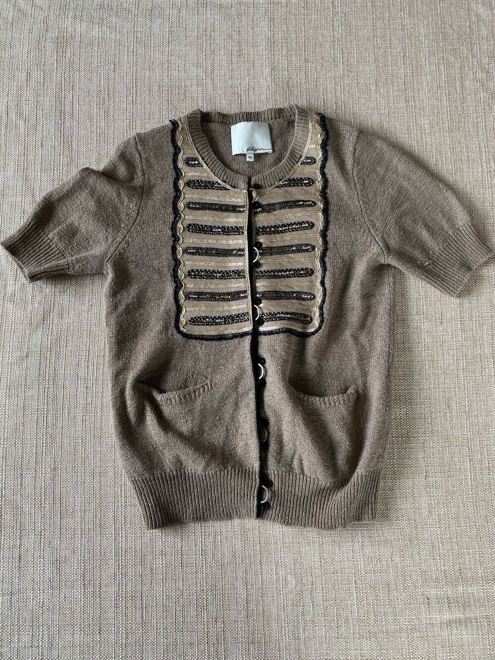3.1 PHILLIP LIM grey black embellished short sleeve cardigan Wool Silk Linen XS